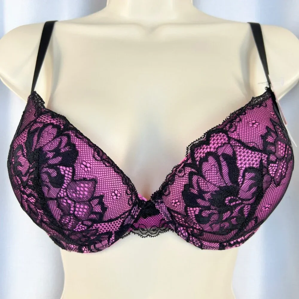 VS Bombshell Inspired Adds 2 Cups Ultimate Pushup Bra 32B Black Pink Lace - Picture 2 of 6